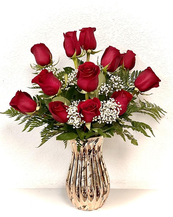 Dozen Red in Metallic (silver or gold) Vase